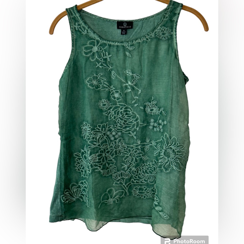 Curations tank top with embroidered sheer overlay detail on front green XS